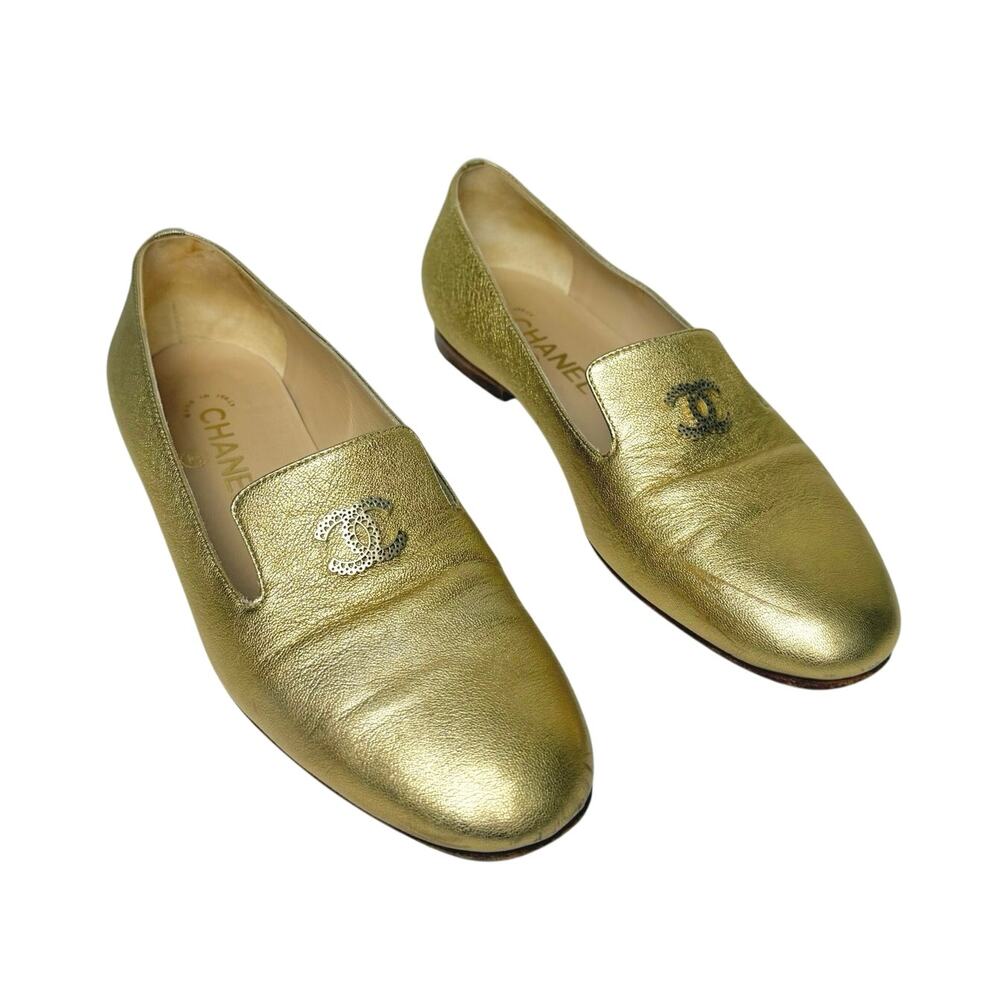 Chanel Metallic Gold Leather CC Embellished Loafers Flats Size 38 Authentic
